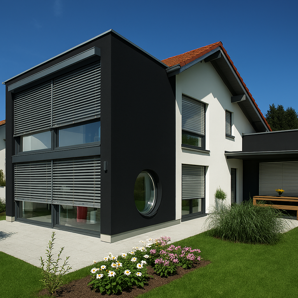 Zwarte aanbouw met Jaloezieën
